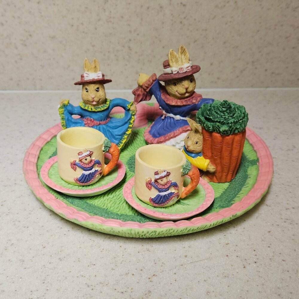 Vintage 90s Miniature Resin Tea Set - Popular Imports Rabbits Easter Set